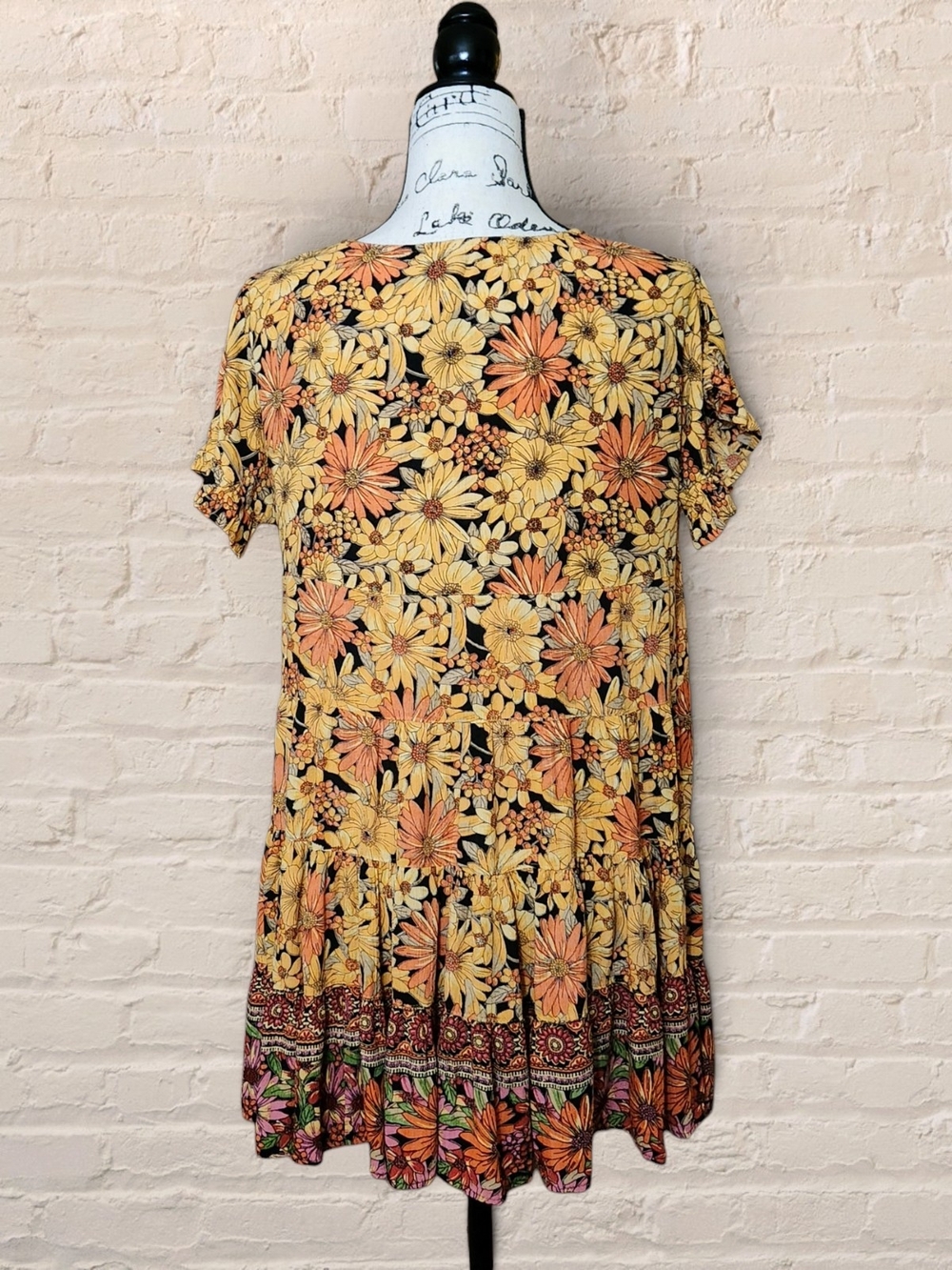 Romantic Gypsy Floral Tiered Tunic Top Medium Yellow Orange 70s Boho V-Neck - Picture 2 of 3